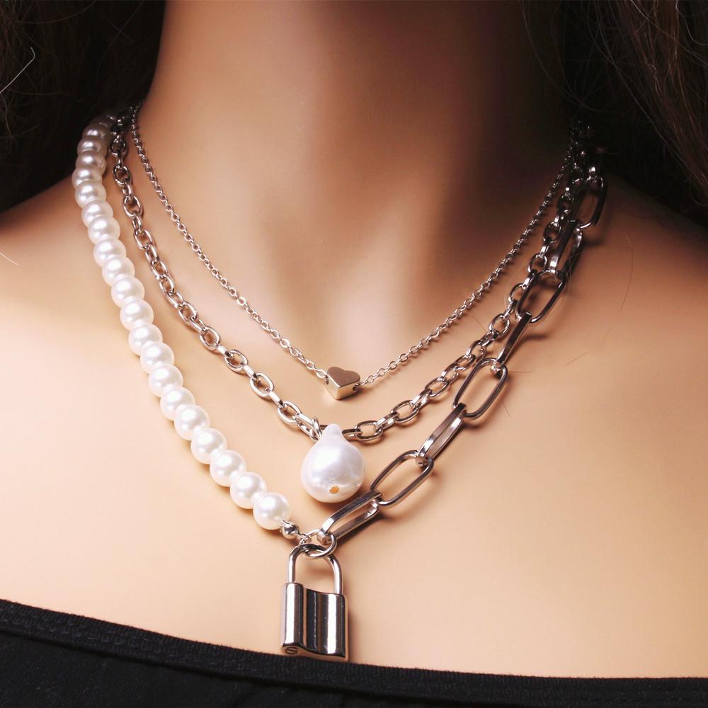 Necklace Jewelry Retro Multilayer Copper Heart Baroque Pearl Accessories Necklace Two-Piece Set