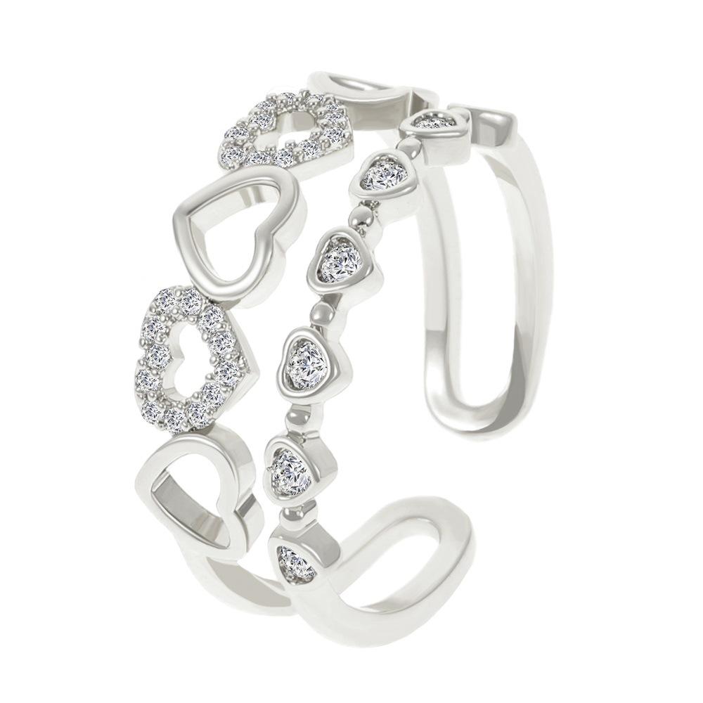 ins double love ring women's fashion light luxury diamond hollow heart-shaped opening index finger ring personality ring