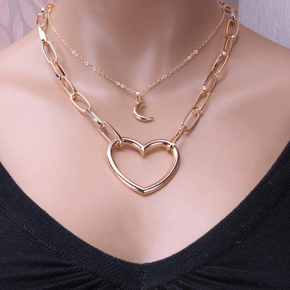 Jewelry multi-layer personality all-match moon two-piece set accessories peach heart pendant sweater chain necklace female