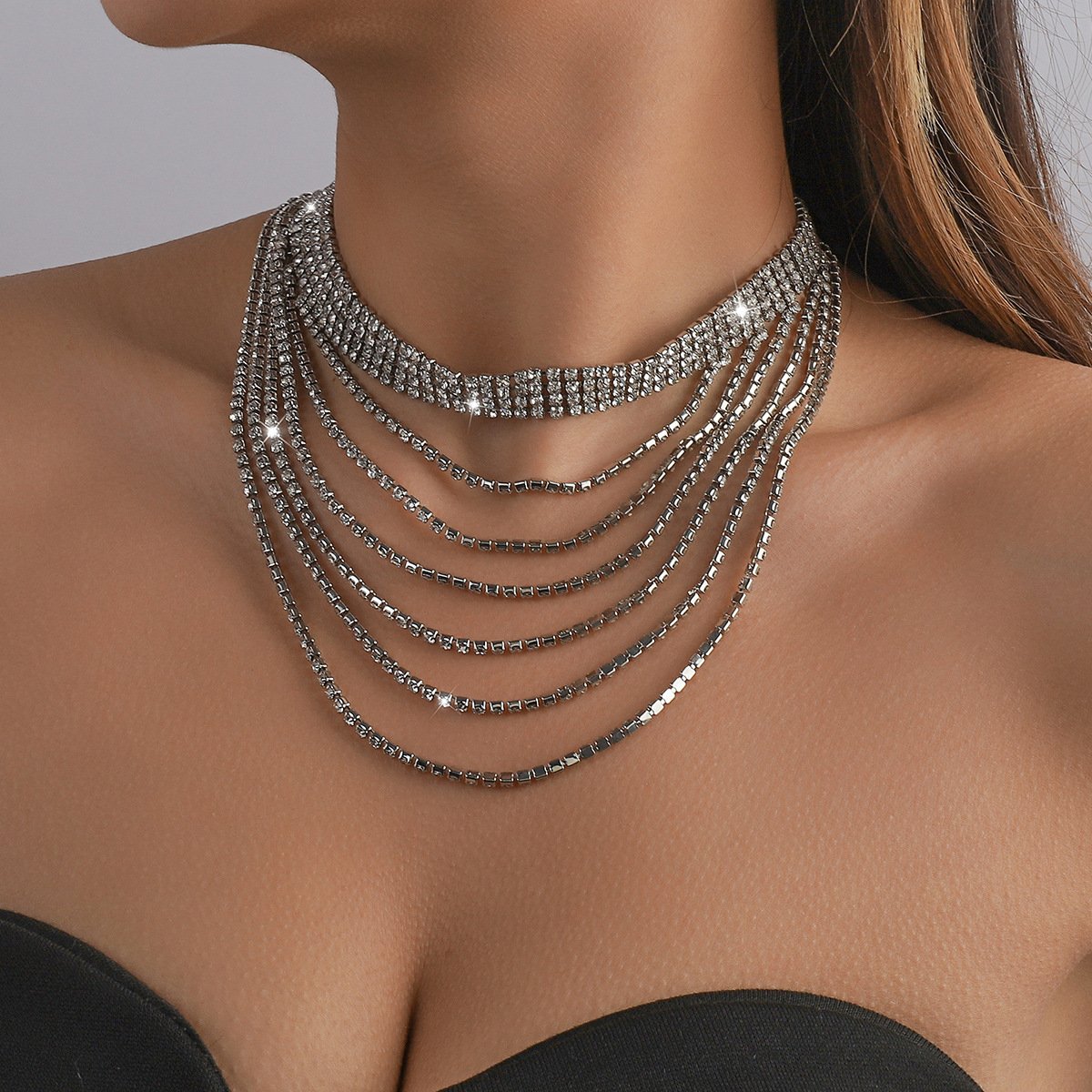 N153 Claw Chain Necklace Rhinestone Tassel Layered Necklace Exaggerated Night Row Diamond Light Luxury Necklace