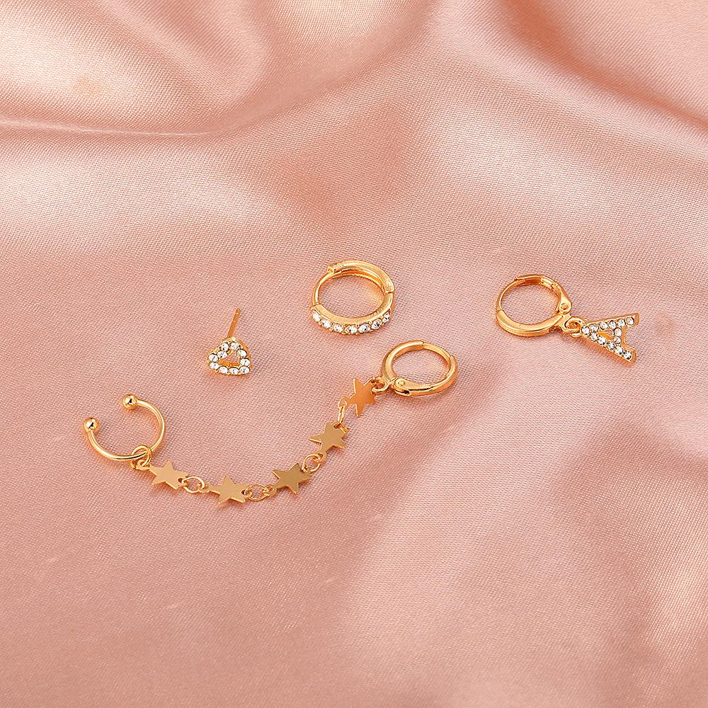 Retro star chain integrated ear clip set alloy diamond letter earrings 4 pieces without pierced earrings