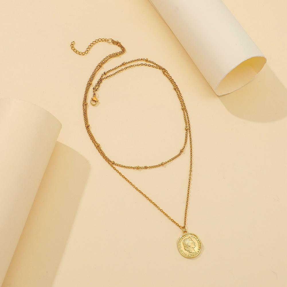 ins titanium steel jewelry portrait letter lettering coin pendant double layer stainless steel plated real gold necklace