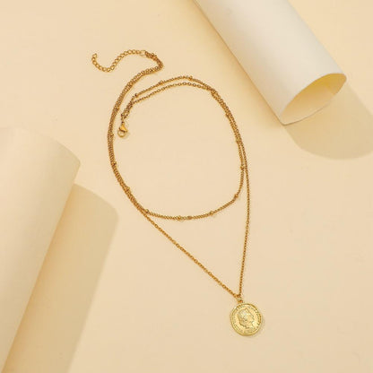 ins titanium steel jewelry portrait letter lettering coin pendant double layer stainless steel plated real gold necklace