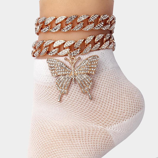 Creative Diamond Big Butterfly Pendant Anklet Women's Fashion Shiny Two-piece Set Diamond Foot Jewelry