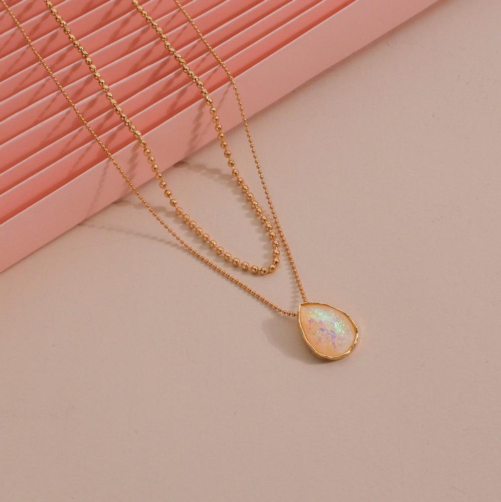 Retro Ins Water Drop Imitation Opal Pendant Necklace Fashion Double Layer Necklace Accessories