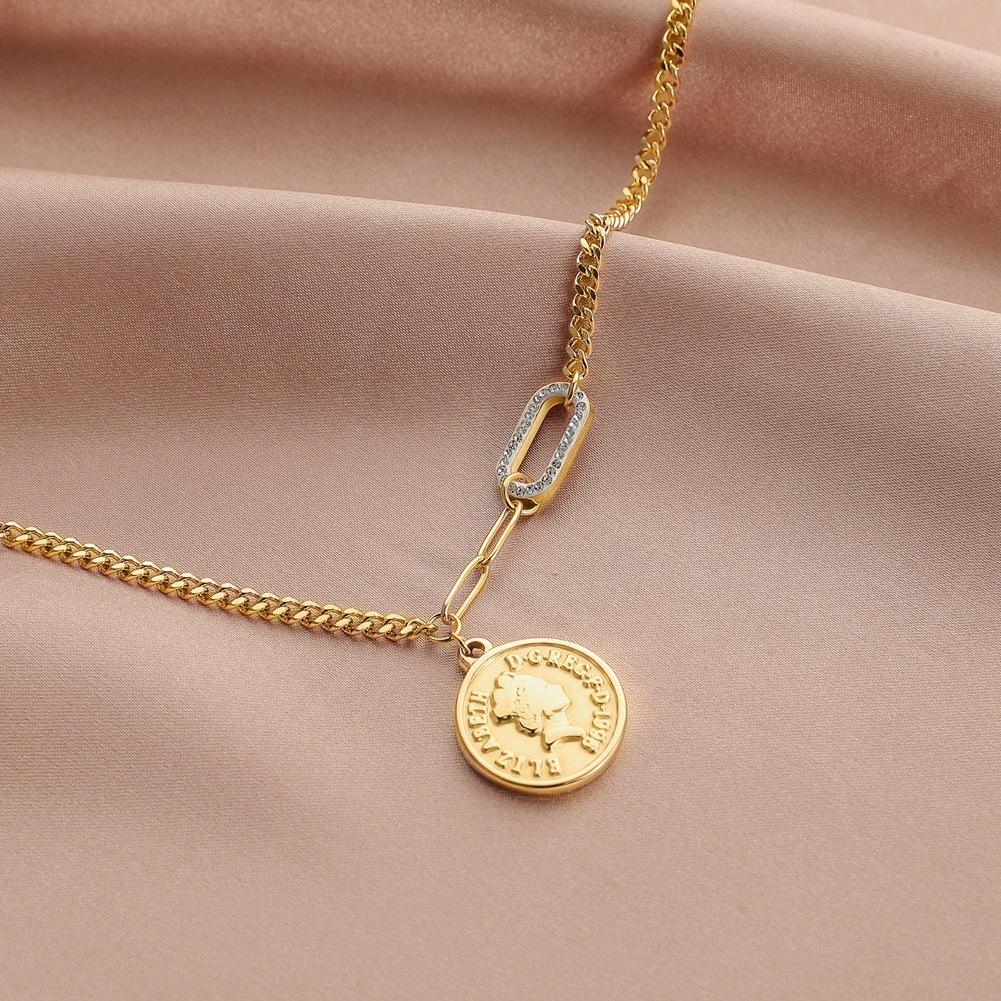Creative ancient Roman portrait digital coin stainless steel titanium steel pendant necklace personality diamond clavicle chain female