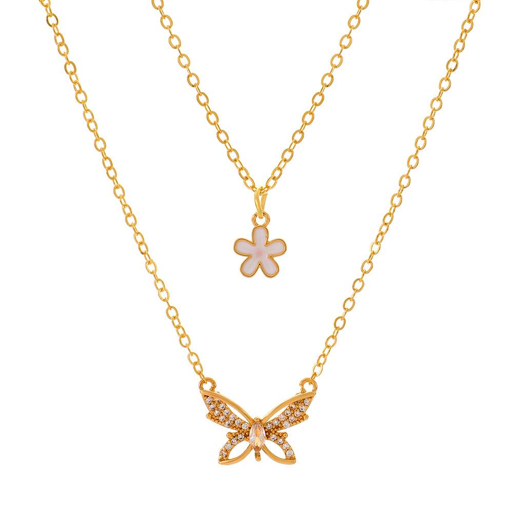 Ins stacked butterfly necklace female fashion niche design double flower pendant clavicle chain net red pendant