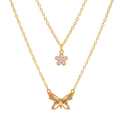 Ins stacked butterfly necklace female fashion niche design double flower pendant clavicle chain net red pendant