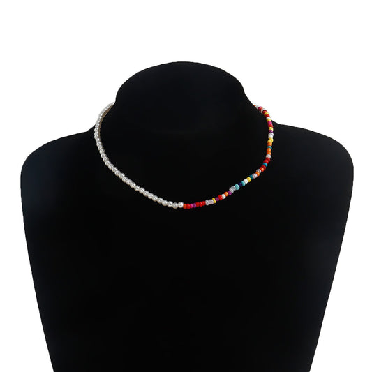 Jewelry Bohemian imitation pearl mixed color colorful rice bead necklace female hand-woven necklace