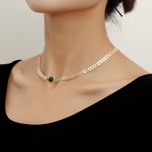 Jewelry Personality Green Beads Airplane Chain Necklace Clavicle Chain Trendy Cool Niche Fashion Design Sense Necklace