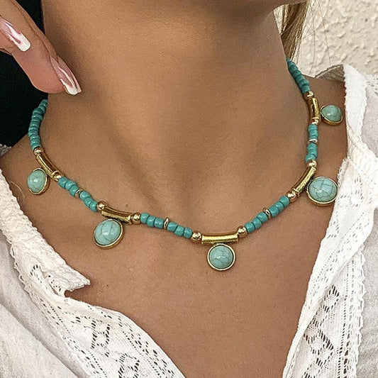 Jewelry Personality Retro Turquoise Necklace Women's Fashion Metal Tube Beads Beaded Clavicle Necklace