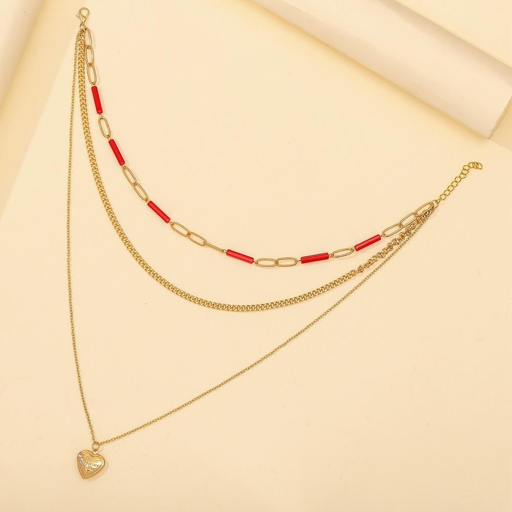 Retro three-layer stacked personalized crystal tube chain peach heart necklace creative openable love photo box pendant