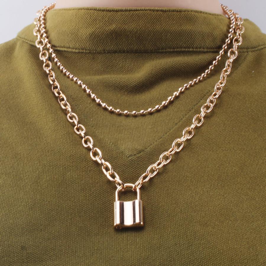 INS retro cold lock with key multi-layer necklace bead chain trendy hip-hop collarbone necklace