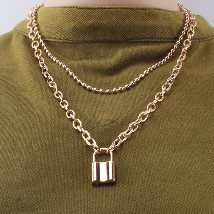 INS retro cold lock with key multi-layer necklace bead chain trendy hip-hop collarbone necklace