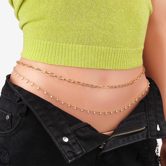 Jewelry small fragrance temperament imitation pearl waist chain retro multi-layer chain geometric body chain