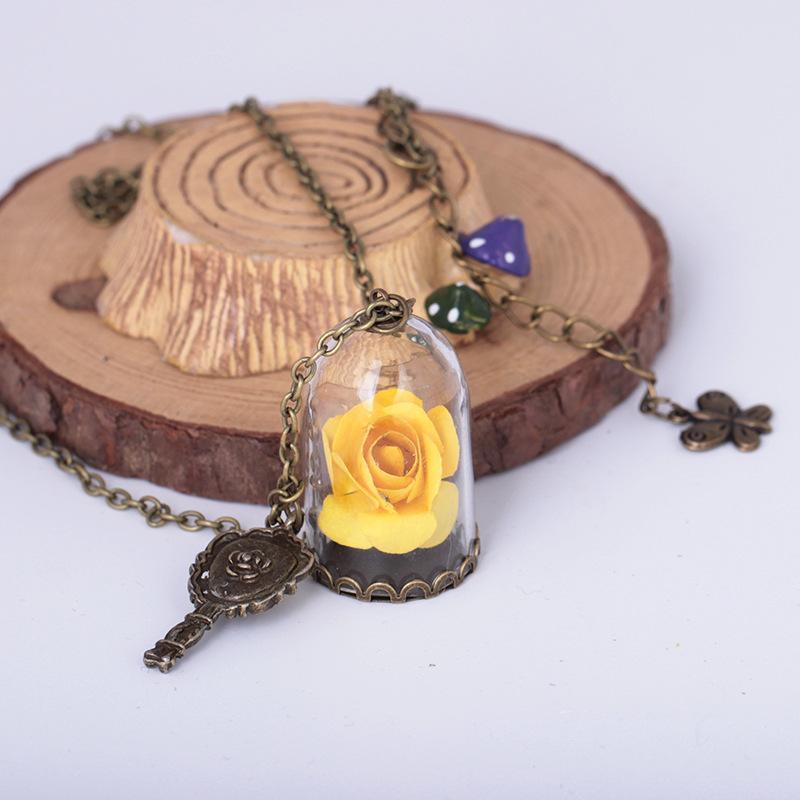 Fashion Rose Flower Glass Shade Pendant Summer Beach Preserved Flower Necklace Ornaments