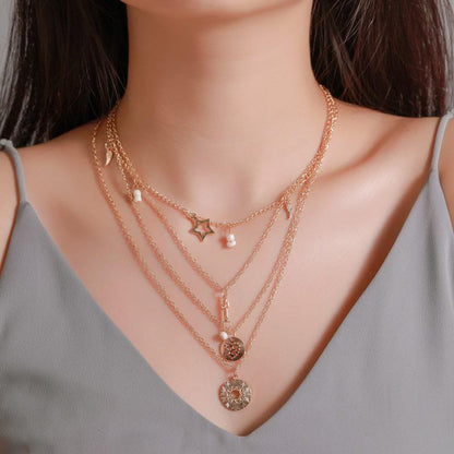 Retro Multilayer Necklace Creative Coin Love Lock Sweater Chain Metal Thick Chain Clavicle Chain Accessories