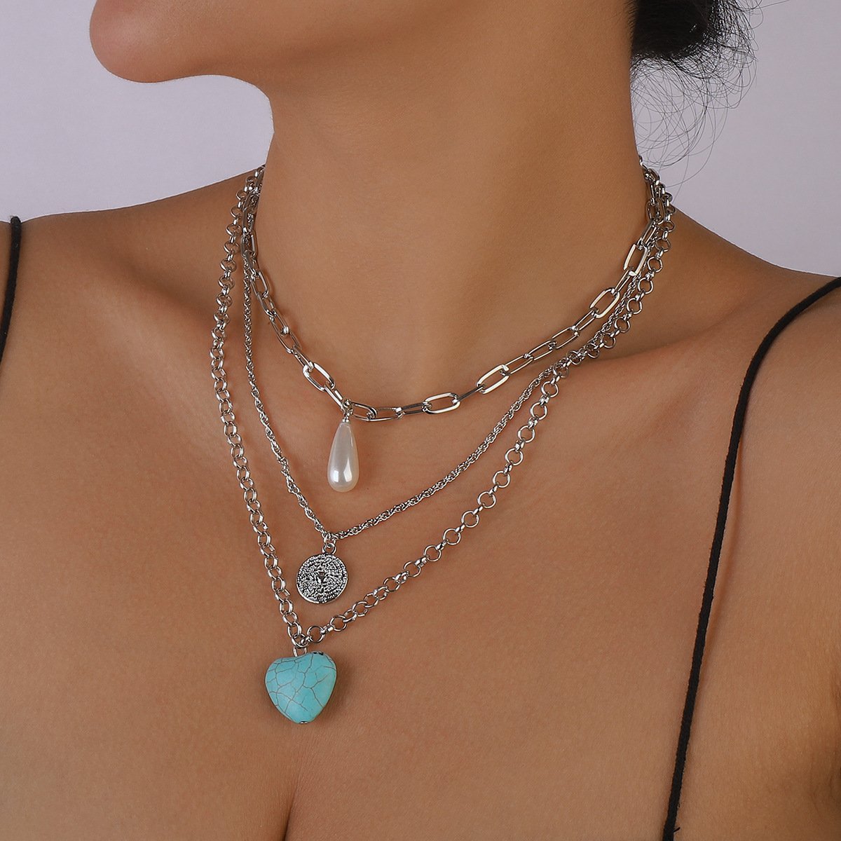N1189 Multilayer Necklace Turquoise Exaggerated Punk Necklace Retro Personality Fashion Necklace