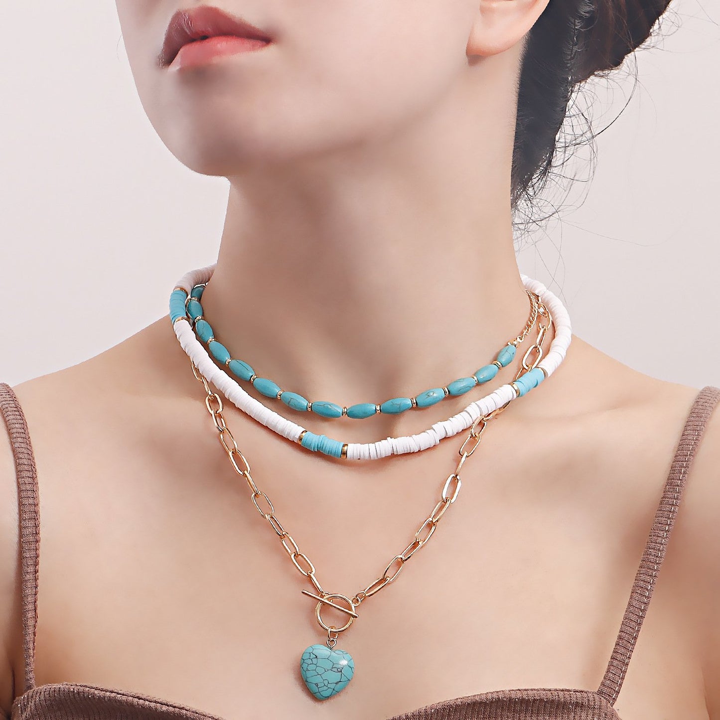 Jewelry bohemian soft pottery turquoise love pendant necklace female marine niche design