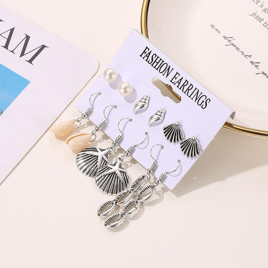 Summer Ocean Shell Set Earrings 6 Pairs Pearl Conch Stud Earrings