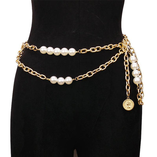 Women's Metal Waist Chain Fashion Elegant Versatile Pearl Body Chain Costume Matching Belt