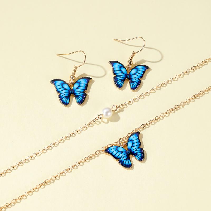 Set Butterfly Necklace Colorful Double Layer Pearl Butterfly Pendant Feminine Elegant Butterfly Earrings