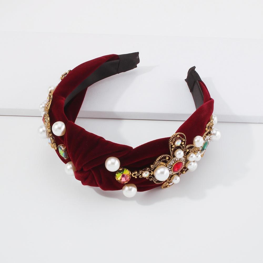 F357 wide-brimmed headband women's golden velvet knotted light luxury headband retro creative pearl hair accessories