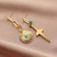 Personalized retro stainless steel gold asymmetric round coin turquoise sword earrings titanium steel trendy fresh earrings for women