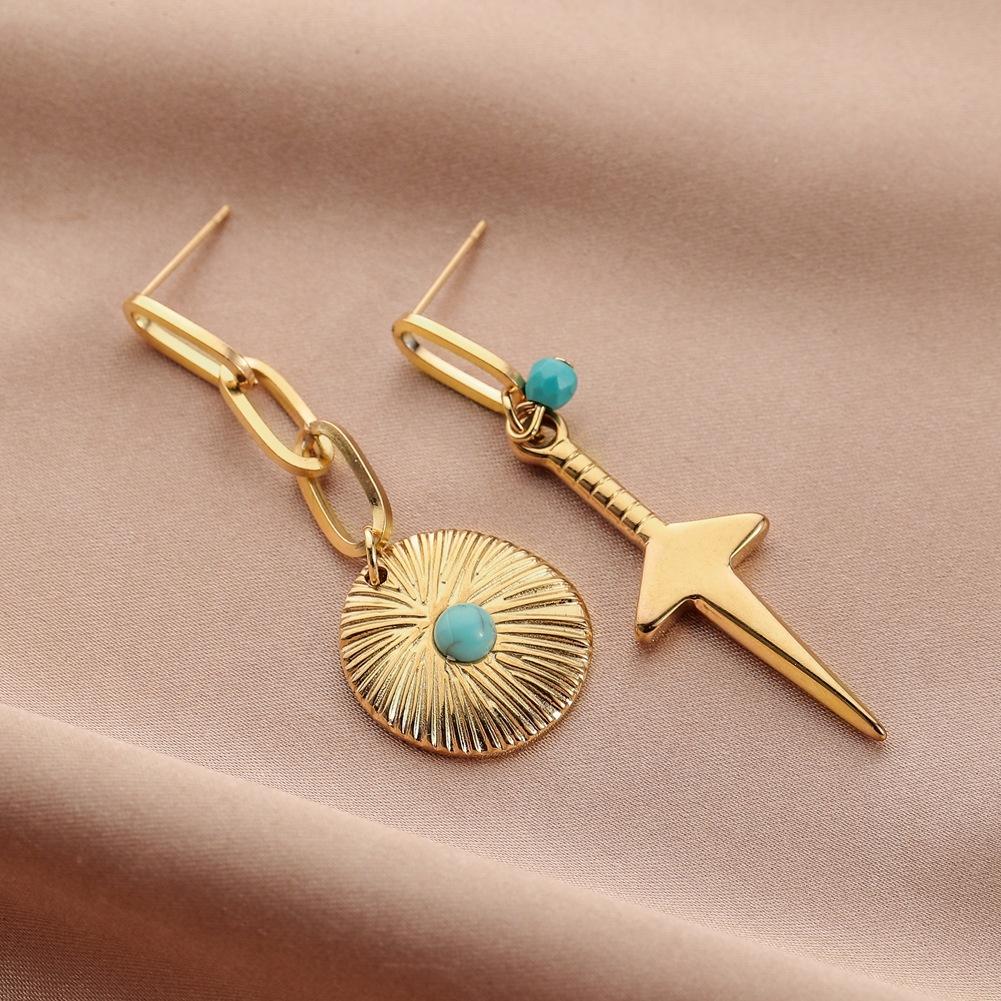Personalized retro stainless steel gold asymmetric round coin turquoise sword earrings titanium steel trendy fresh earrings for women