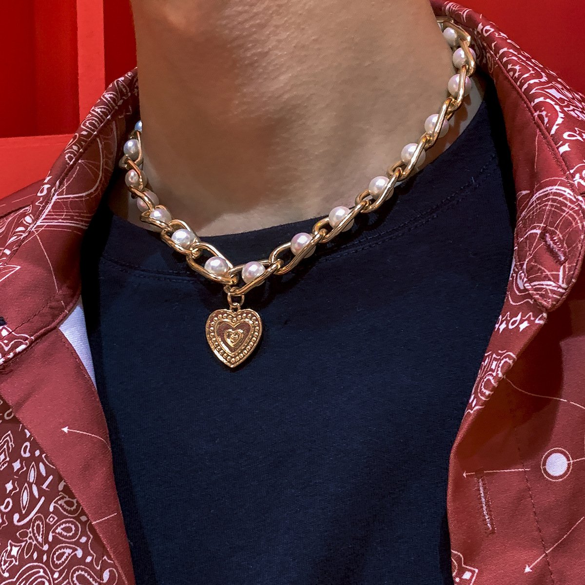 Jewelry retro inlaid pearl chain men's necklace hip-hop trendy cool metal peach heart-shaped necklace female