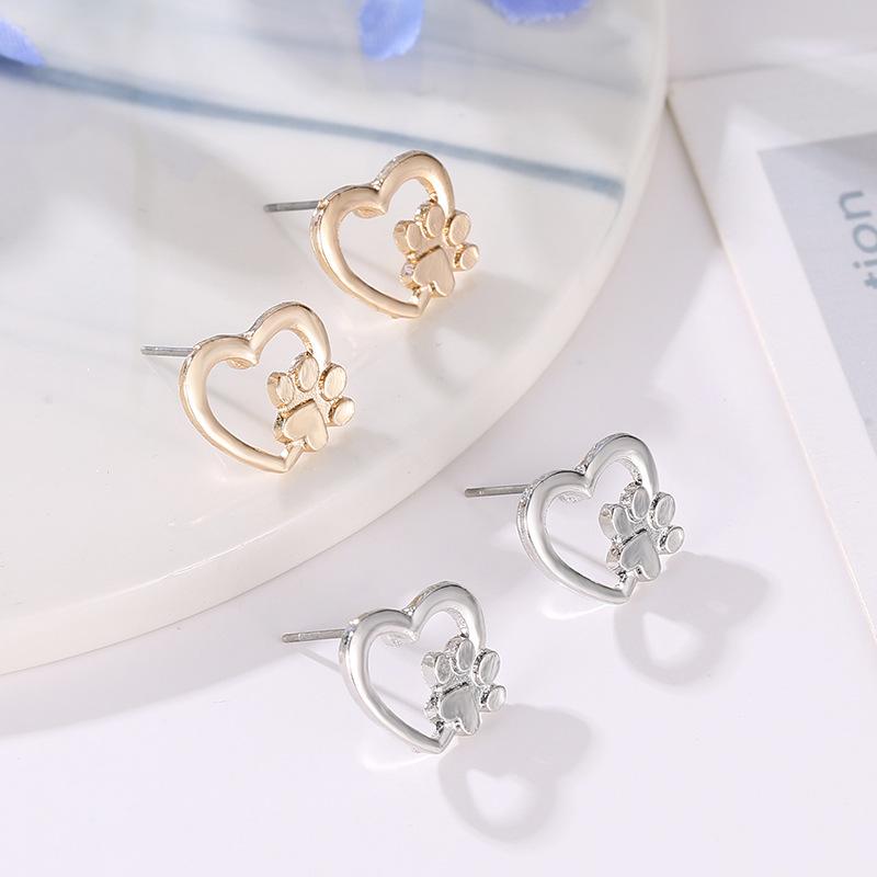 Creative Accessories Earrings Simple Love Dog Claw Hollow Peach Heart Stud Earrings