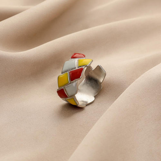 Fashion niche design personality stainless steel color checkerboard drop oil geometric opening ring female