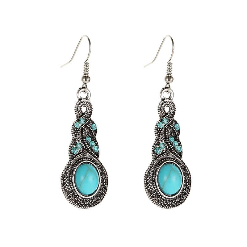 Trendy Vintage Pattern Blue Crystal Embellished Turquoise Drop Earrings Boho Statement Earrings