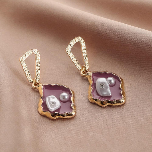 Ins geometric purple dripping oil earrings Baroque special-shaped pearl pendant personality temperament accessories