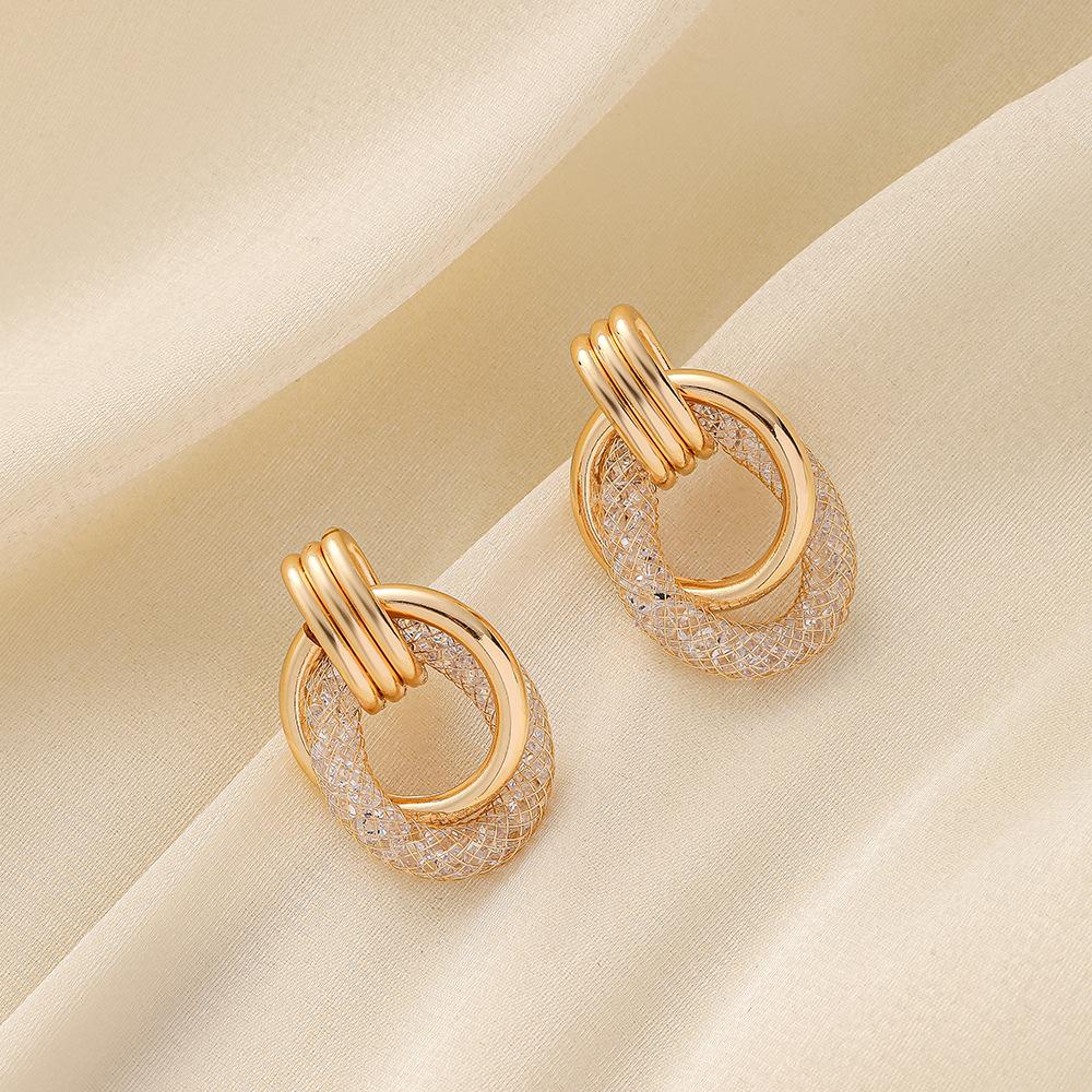 Geometric gold generous women's wire mesh zircon metal geometric O earrings earrings