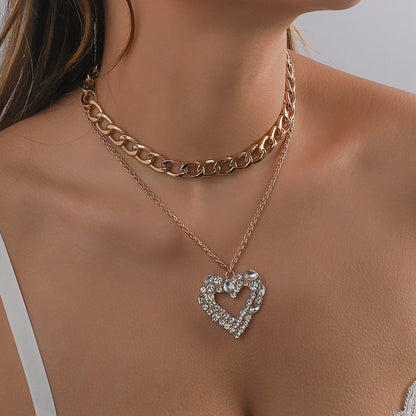 N126 Hip Hop Necklace Light Luxury Stacked Heart Rhinestone Necklace Retro Personality Cuban Chain Necklace