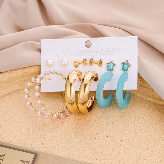 Simple trendy fresh pearl bow sea turtle earring fashion creative sky blue C-shaped earring set