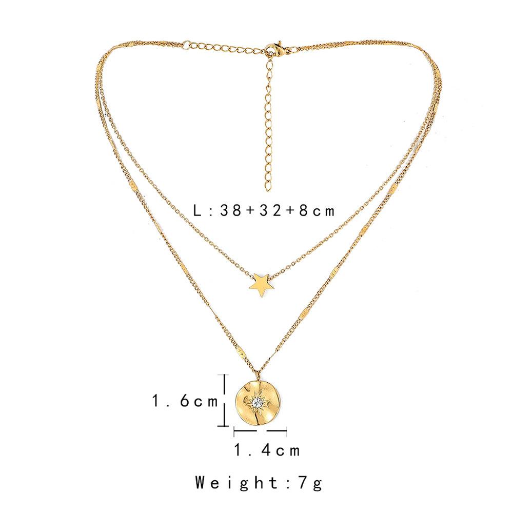 Fashionable Double Layer Stainless Steel Golden Pentagram Coin Sun Pendant Titanium Steel Clavicle Necklace For Women