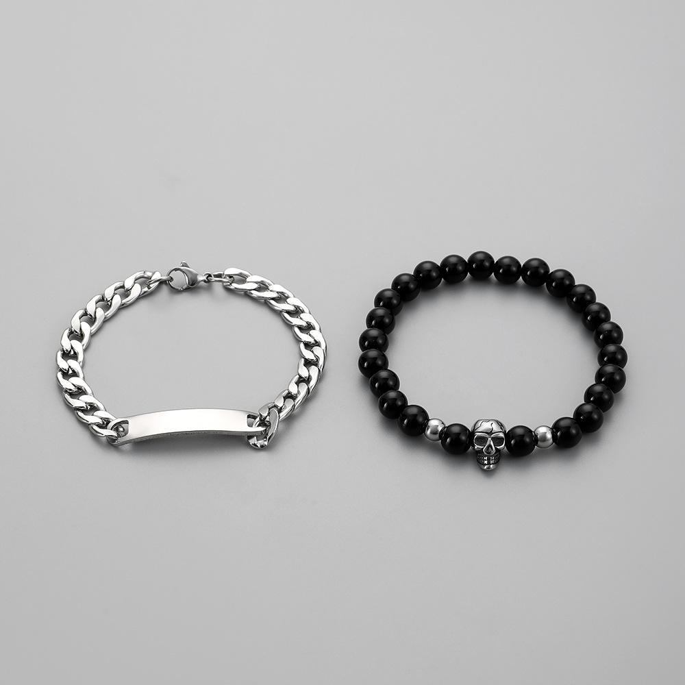 Fashion Simple Personality Domineering Niche Stainless Steel Square Brand Skull Black Bead Bracelet Set Men