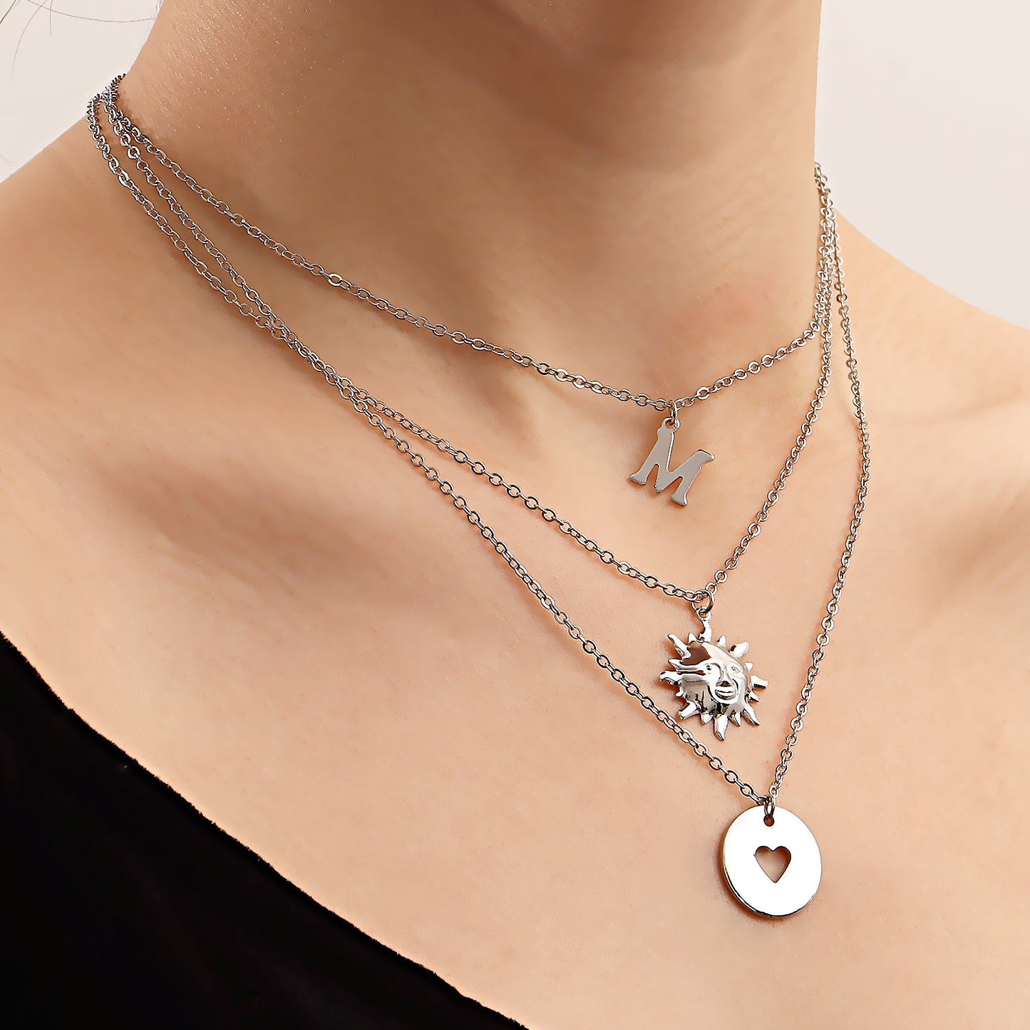 Jewelry geometric disc hollow love pendant necklace female simple temperament letter M clavicle chain