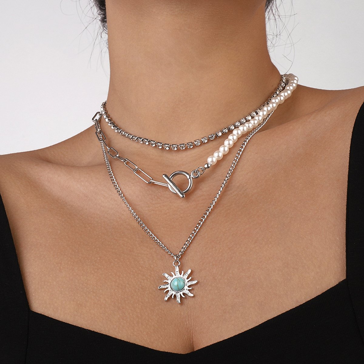 1222 exaggerated multi-layered necklace claw chain pearl chain splicing necklace sun flower retro necklace