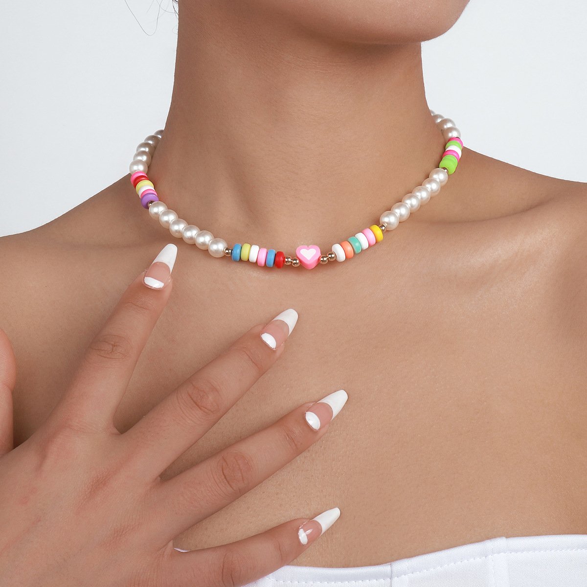 N9966 Bohemian Ethnic Necklace Imitation Pearl Soft Pottery Colorful Necklace Leisure Vacation Pendant