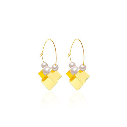 ins simple geometric pearl earrings French light luxury creative glossy square ear hanging net red exaggerated ear buckle