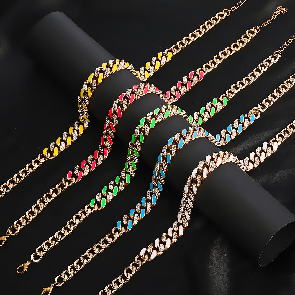 Hip-hop Two-color Rhinestone Thick Chain Necklace Fashion Tide Brand Drip Oil Cuban Chain Unisex