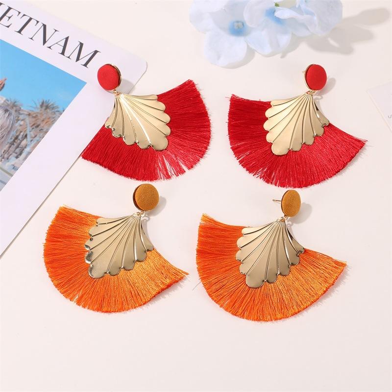 Earrings Bohemian fan-shaped tassel earrings fashion ripple design temperament exaggerated earrings