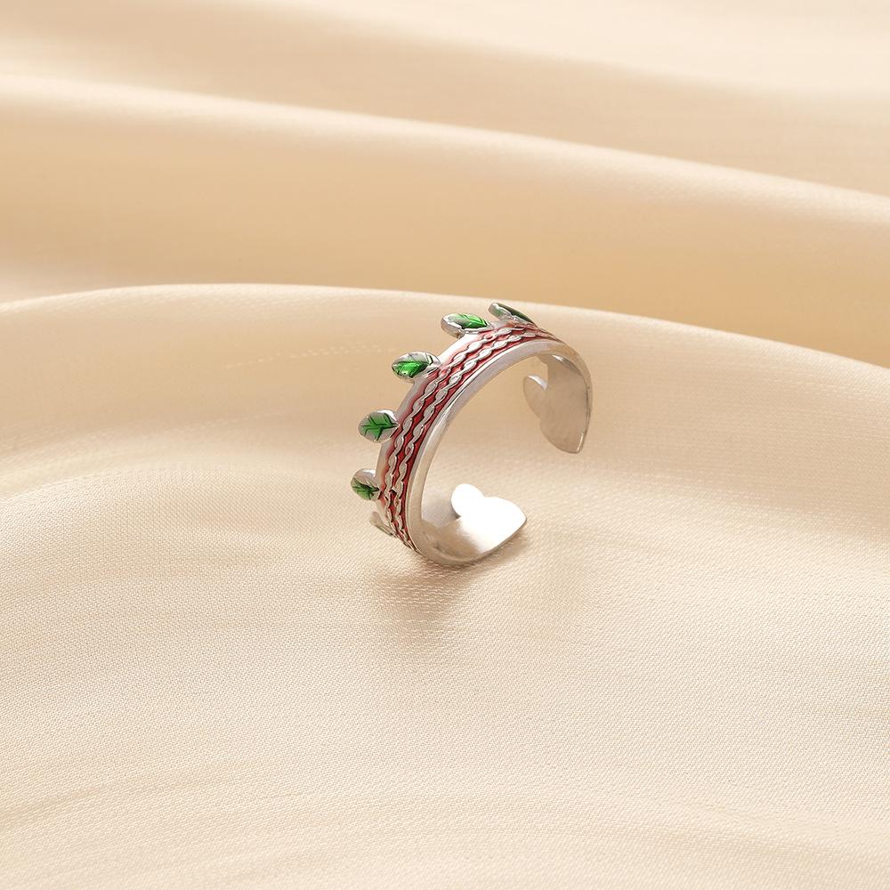 Fashion cute personality simple fashion stainless steel opening drop oil color leaf ring titanium steel ring
