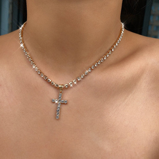 Jewelry simple claw chain diamond single-layer necklace femininity studded diamond cross pendant necklace