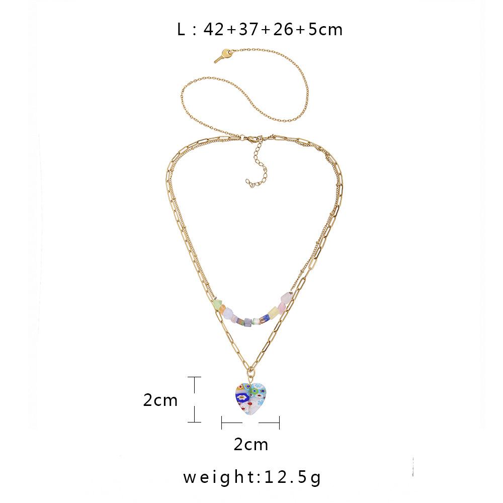 Stainless Steel Golden Love Flower Glazed Stone Key Pendant Titanium Steel Double Layer Necklace Clavicle Chain Female