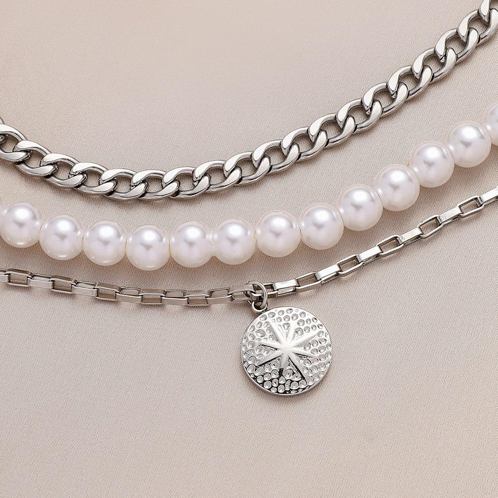 Steel color multi-layer stainless steel pearl chain exquisite sun coin pendant necklace hip-hop personality titanium steel chain