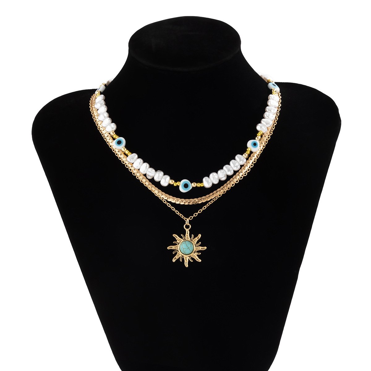 Jewelry Ethnic Sunflower Turquoise Pendant Necklace Vintage Imitation Pearl Eye Beaded Necklace